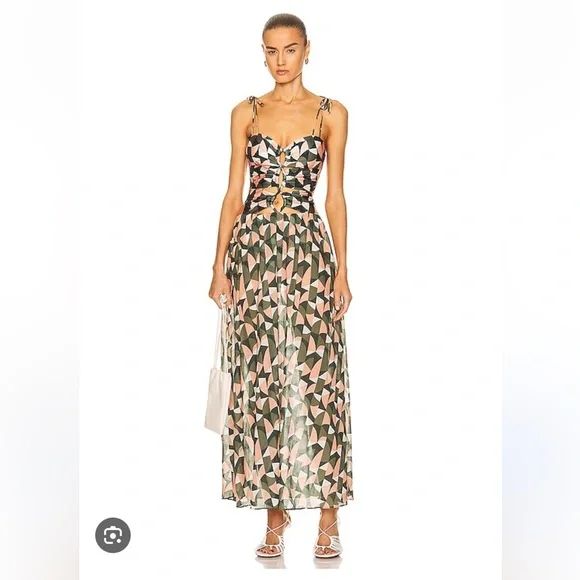 Patbo Plitka Sleeveless Lace Up Geometric Printed Bodysuit Cutouts Maxi Dress